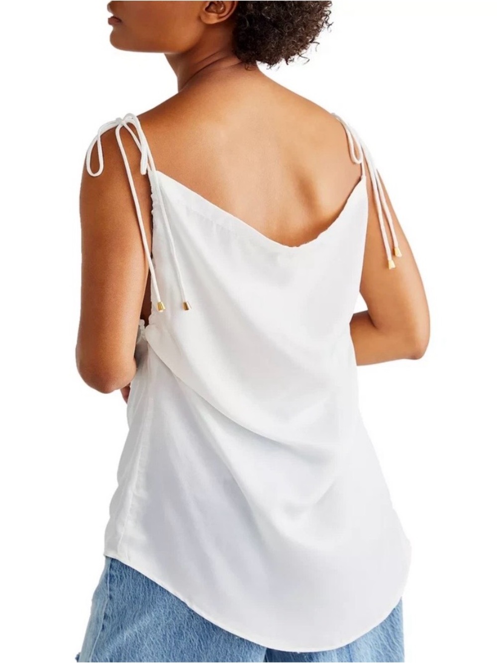 Free People White Hattie Silky Tie-Shoulder Cowl Neck Tunic Tank NWTS Sz M - Picture 3 of 9